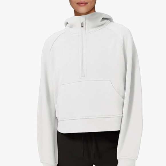 LASLULU Cropped White Fleece Lined Collar Pullover 1/2 Zipper Sweatshirt, S - Picture 1 of 4